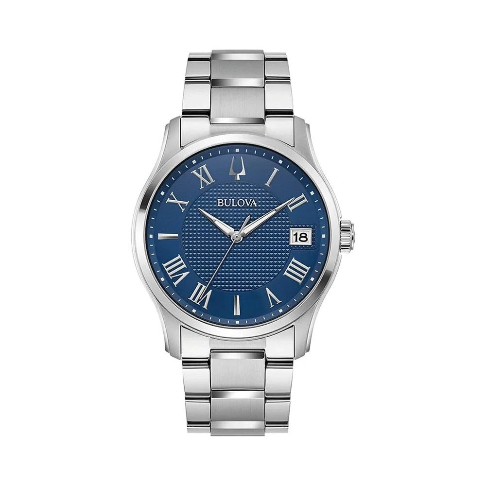 Bulova-Uhr mit blauem Zifferblatt und römischen Ziffern