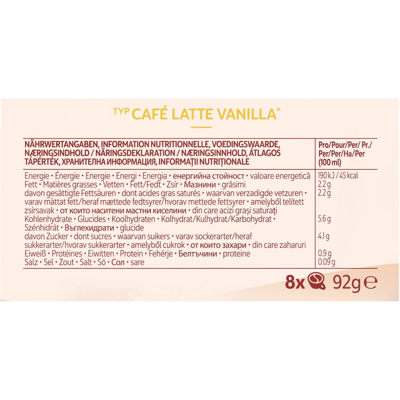 Nährwertangaben Café Latte Vanilla, Energie, Fett, Kohlenhydrate, Zucker, Eiweiß, Salz, 100ml