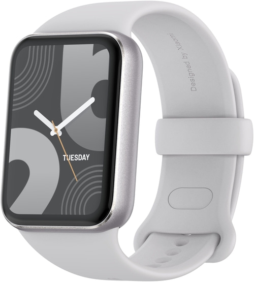 Graue Smartwatch mit weißem Armband, Zifferblatt mit Wochentag-Anzeige, Xiaomi-Design.