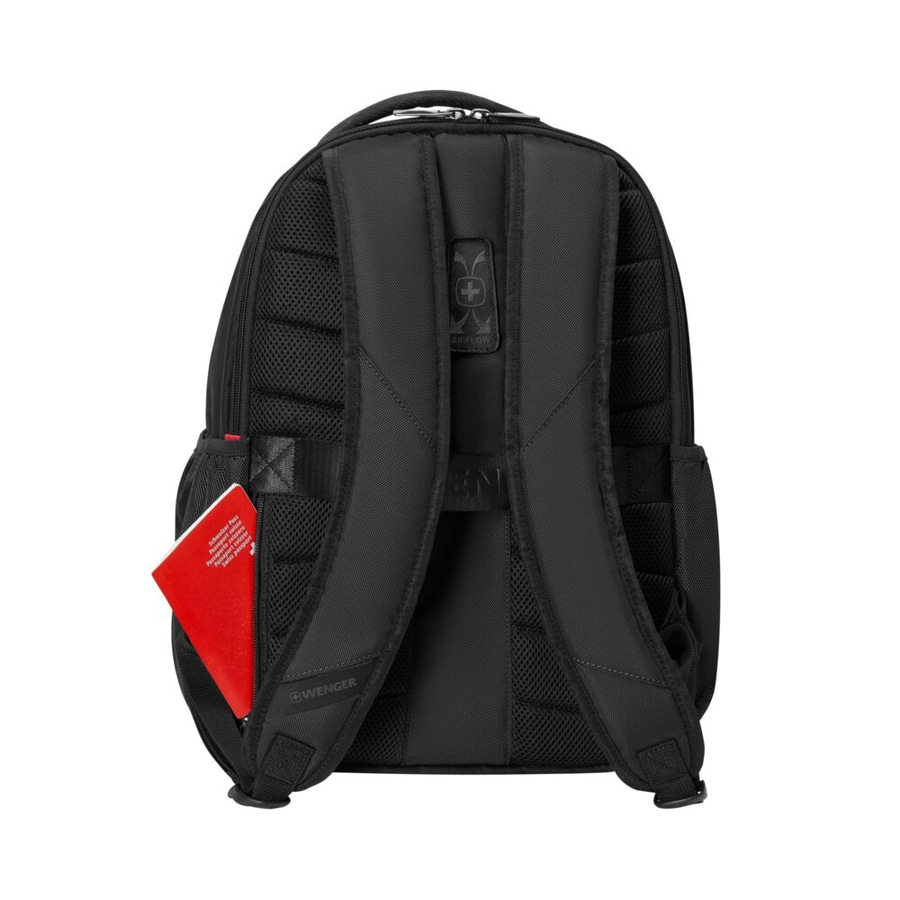 Schwarzer Rucksack mit rotem Dokument, Wenger-Logo, Airflow-System, Seitenfach.