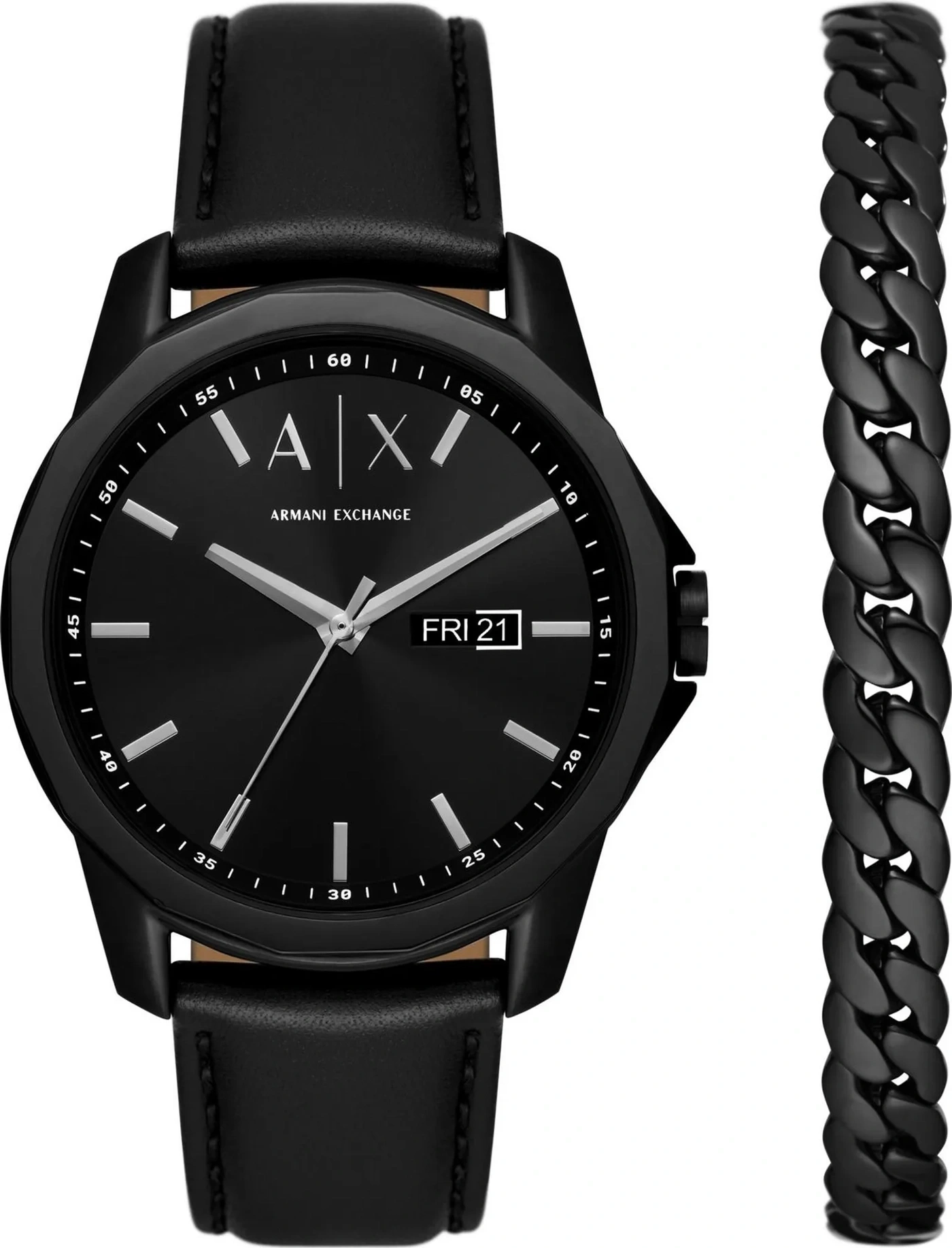 Schwarze Armani Exchange Uhr mit Armband und Datumsanzeige