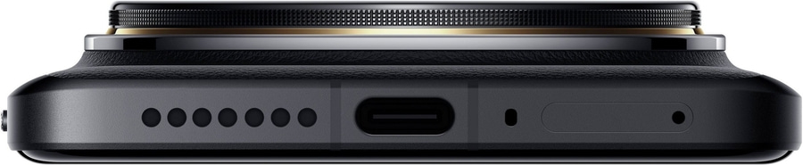 XIAOMI Smartphone 14 Ultra 6,73 Zoll 16+512GB 5G 50MP DualSIM schwarz NEU Nahaufnahme des unteren Teils eines schwarzen Smartphones mit Anschlüssen und Lautsprechern.