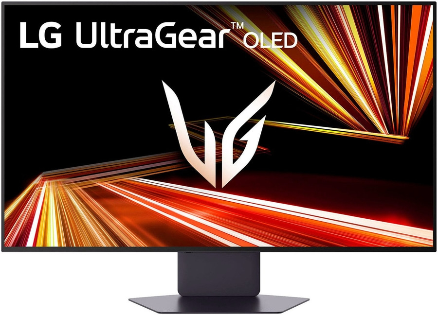 LG UltraGear OLED Monitor mit auffälligem Logo und abstraktem Hintergrund