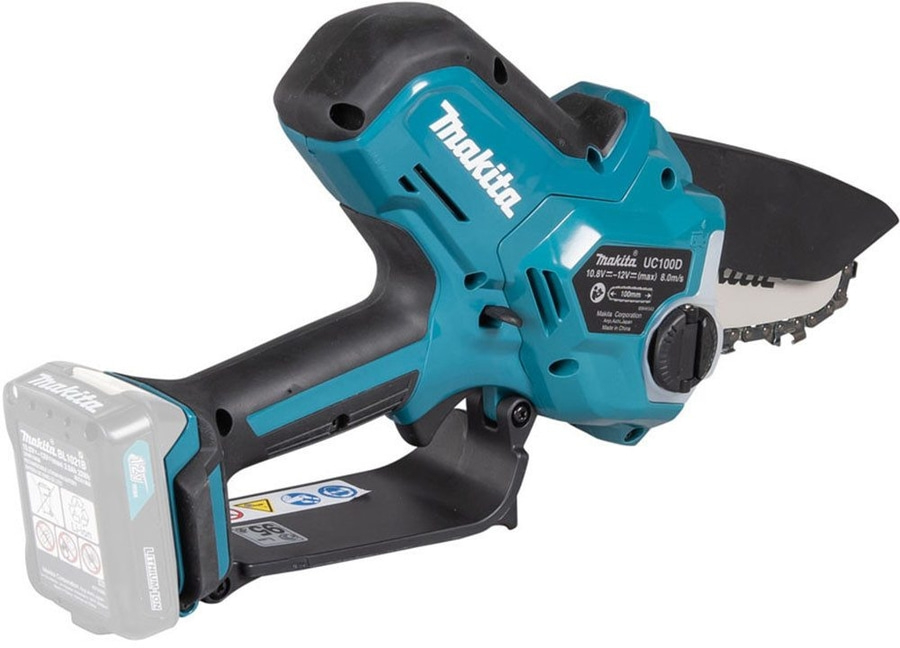 Makita UC100D Akkukettensäge mit 12V Batterie und 100mm Schwert. Dieses Werkzeug ist kompakt und leicht, ideal für kleine Schneidearbeiten im Garten oder beim Camping. Die Kette wird automatisch geschmiert, was die Lebensdauer des Werkzeugs verlängert. Da