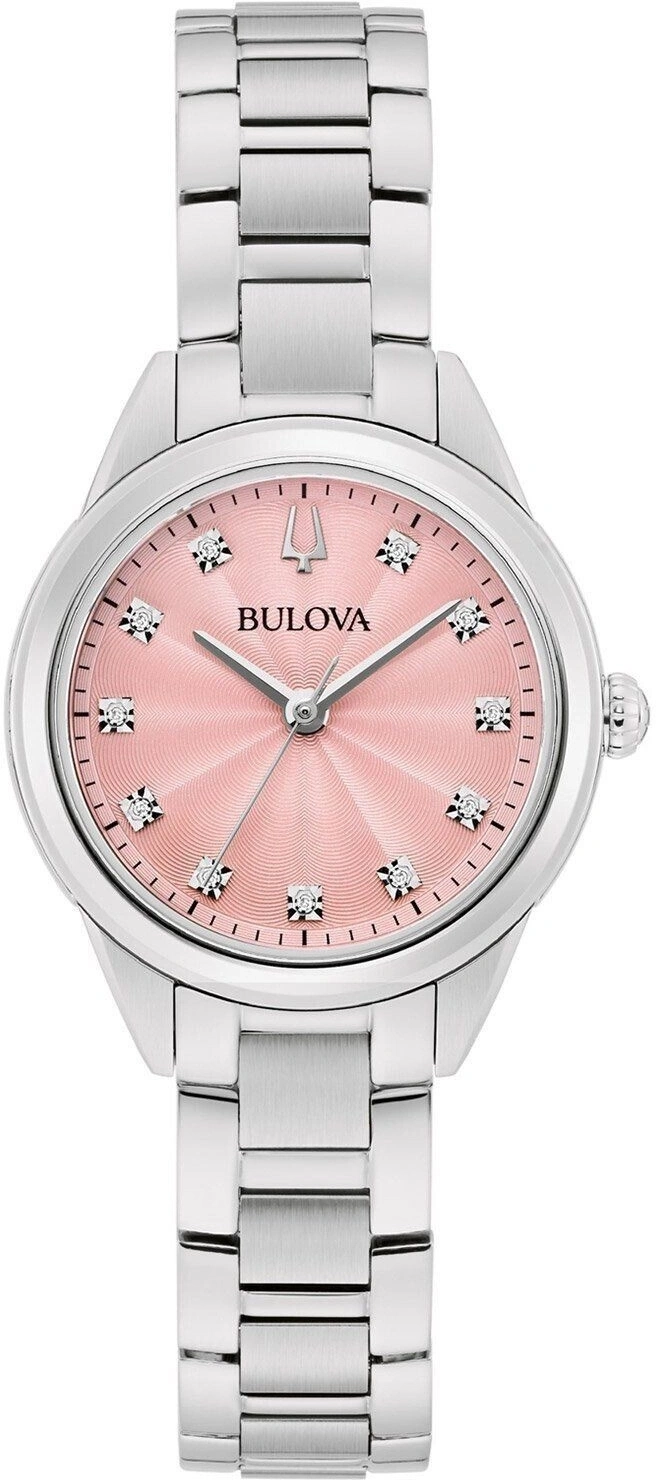 Bulova Damenuhr mit rosafarbenem Zifferblatt und silbernem Armband
