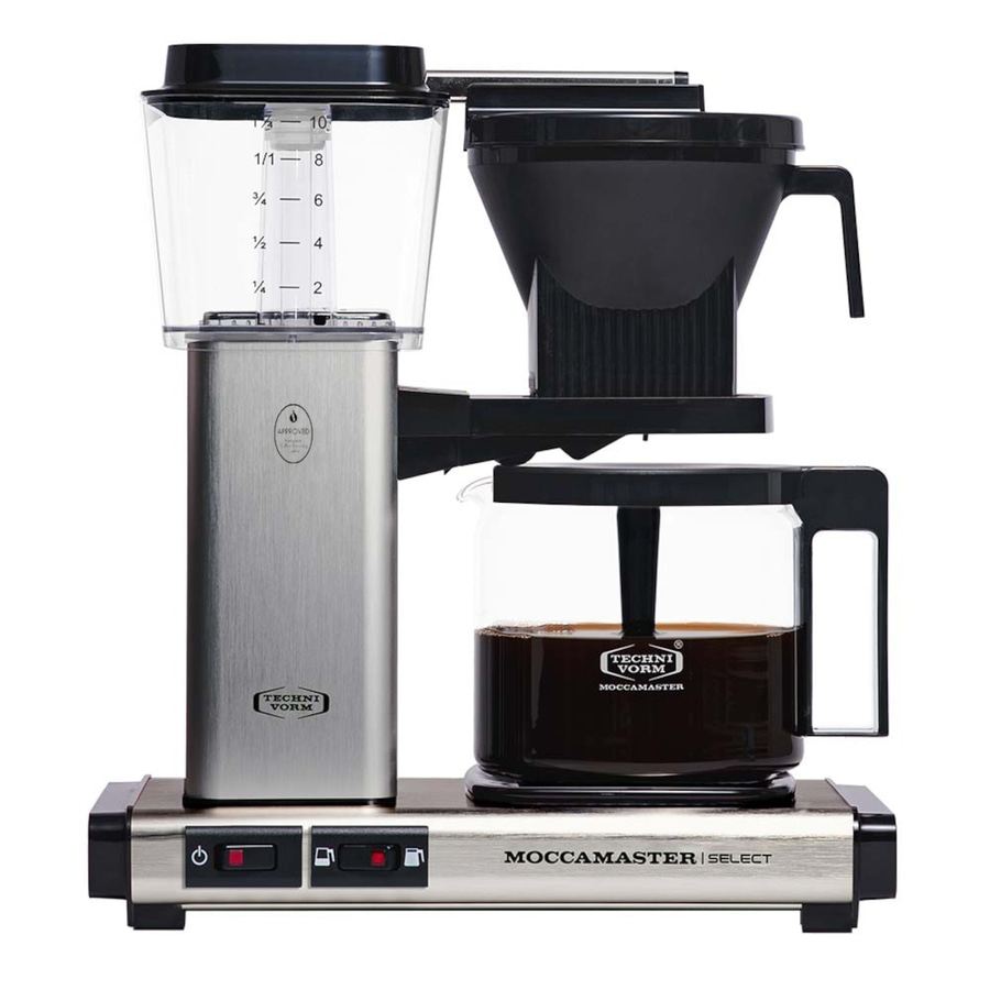 Kaffeemaschine Moccamaster Select, Edelstahl, mit Wasserbehälter und Kaffeekanne, schwarz.