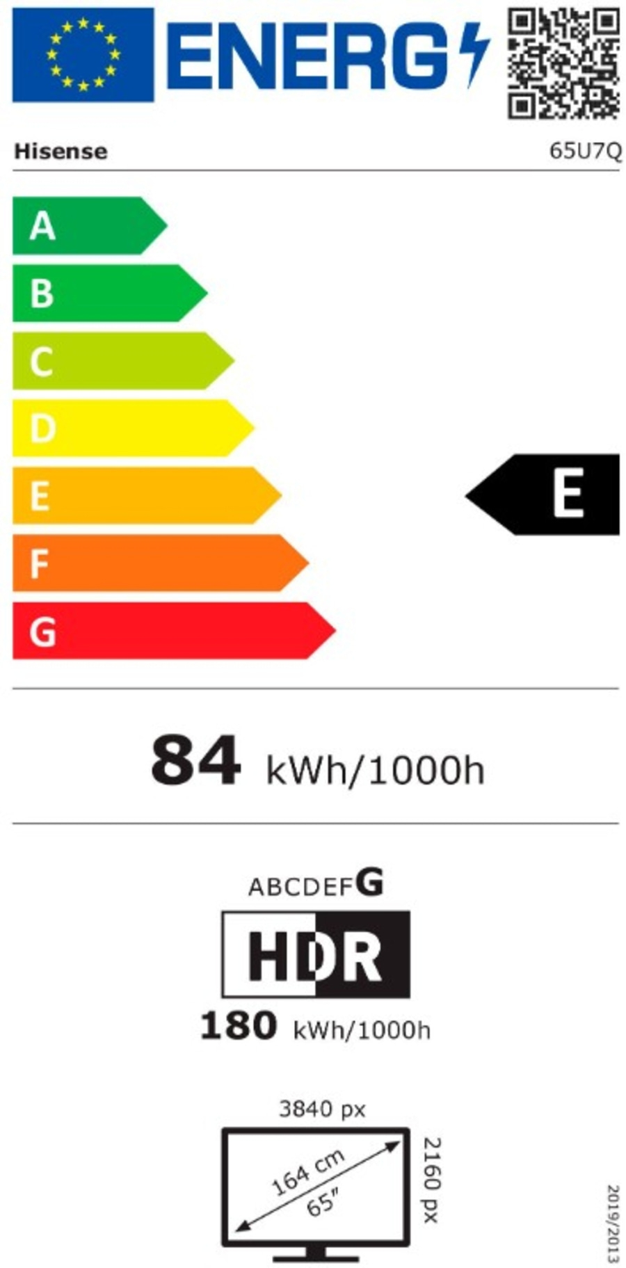 Energieeffizienzlabel für Hisense Fernseher, Energieklasse E, 84 kWh/1000h, HDR, 65 Zoll