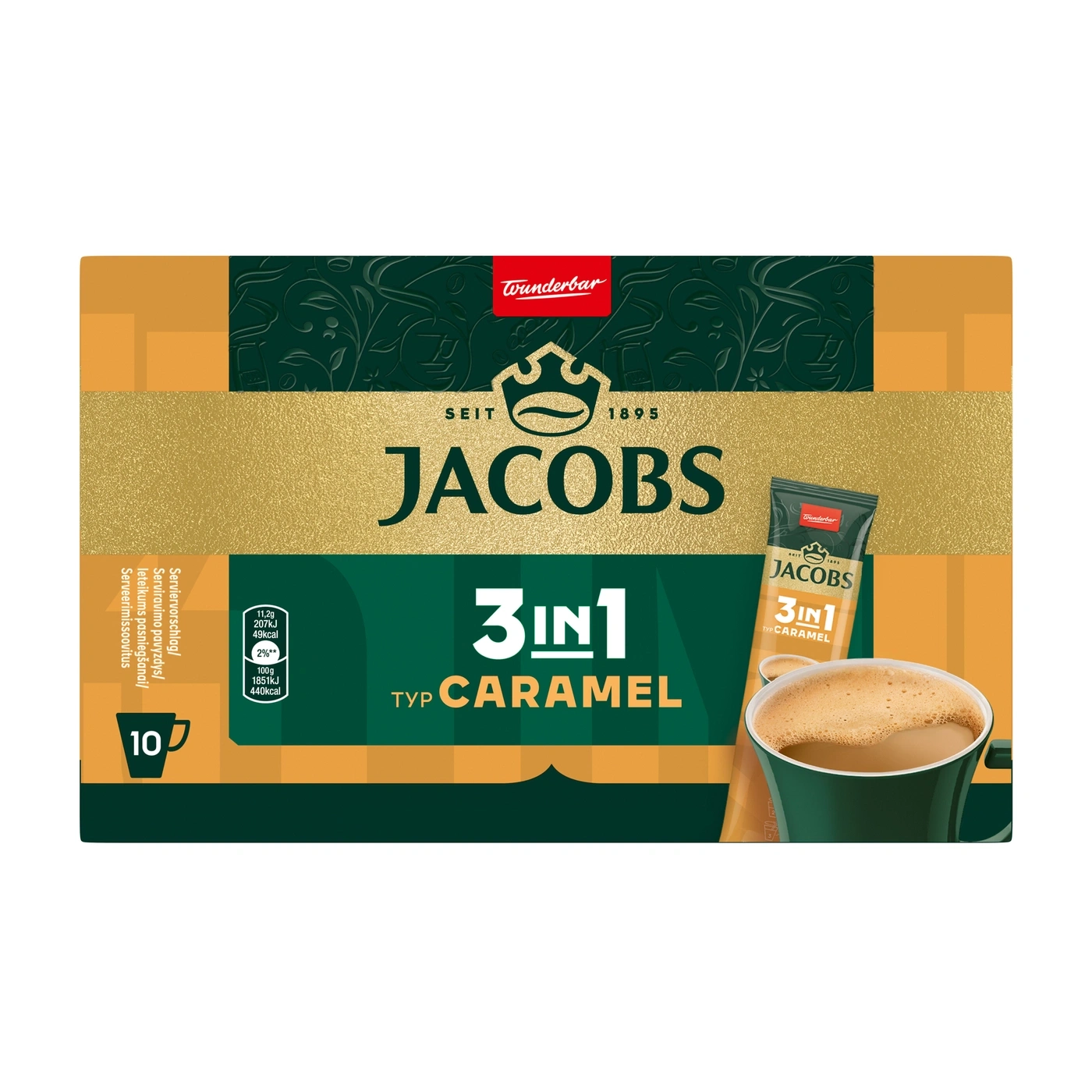 Jacobs 3in1 Typ Caramel Kaffee mit 10 Beutelchen und einer Tasse Kaffee
