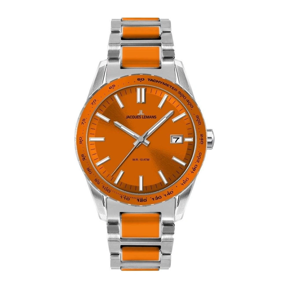 Ein eleganter orangefarbener Jacques Lemans Herrenarmbanduhr mit Datumsanzeige
