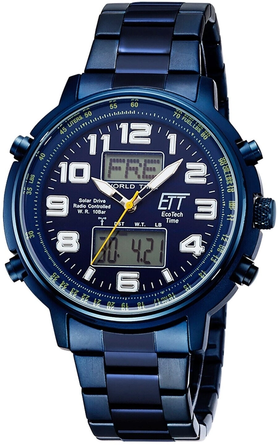 Blaue Armbanduhr mit digitaler und analoger Zeitanzeige und silbernen Akzenten.