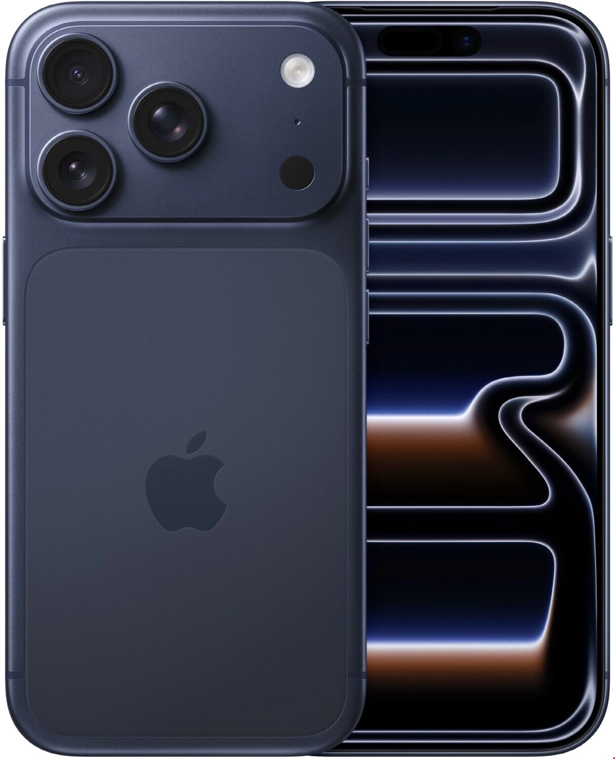 dunkelblaues iPhone mit drei Kameras und Apple-Logo auf der Rückseite