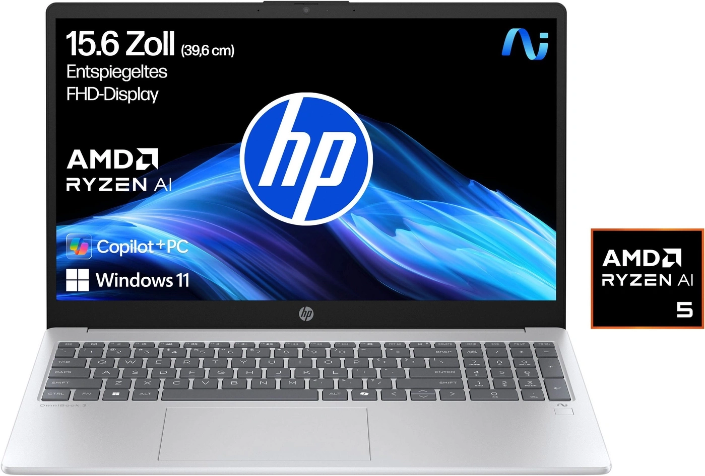 HP Laptop mit AMD Ryzen AI 5 Prozessor, 15,6 Zoll FHD Display, Copilot+ PC und Windows 11