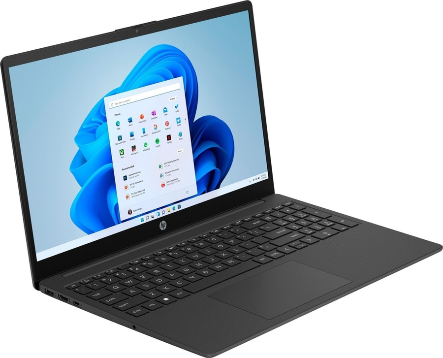 Schwarzer Laptop mit Windows-Oberfläche, Tastatur und HP-Logo. Der Bildschirm zeigt Apps.