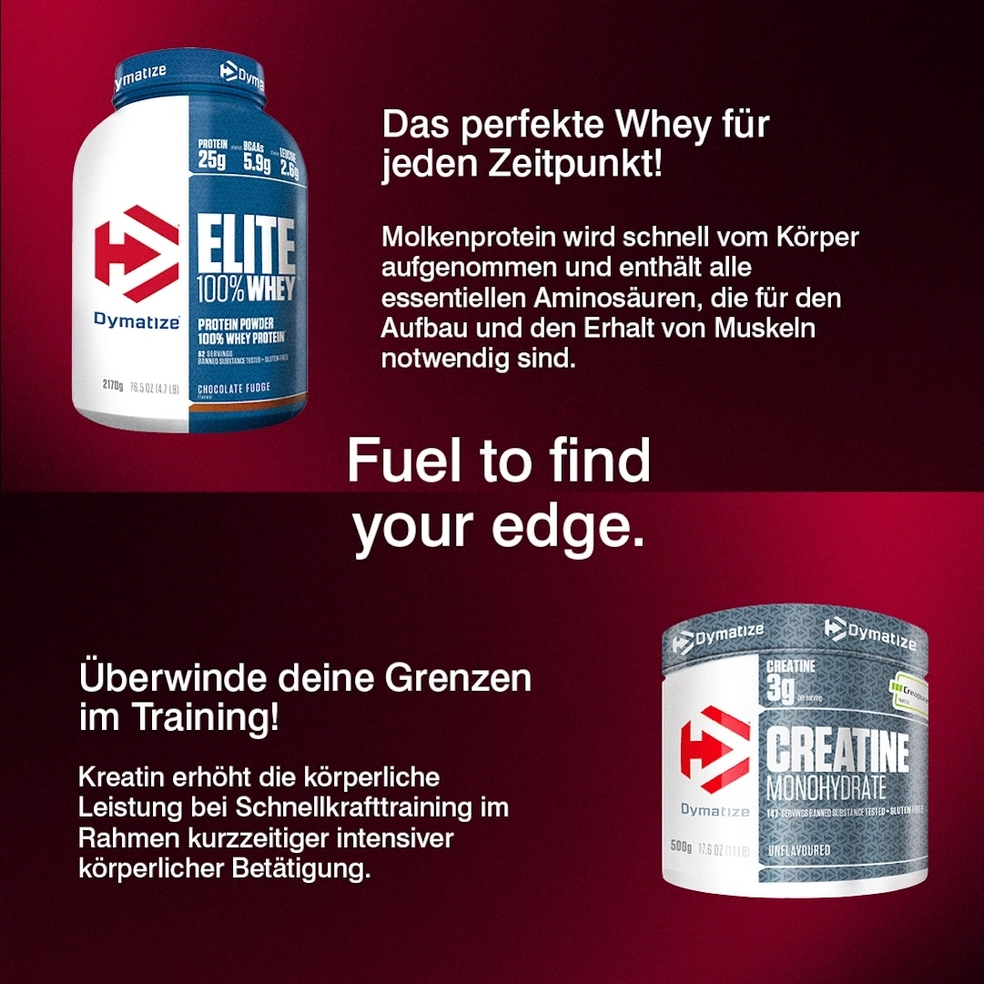 Dymatize Elite 100% Whey und Creatine Monohydrate.