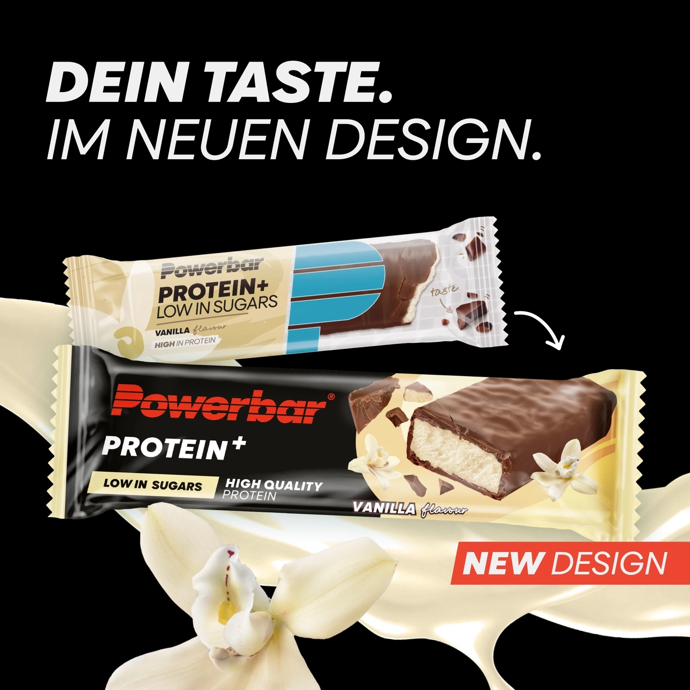 Powerbar Protein+ Riegel in neuem Design mit Vanillegeschmack.