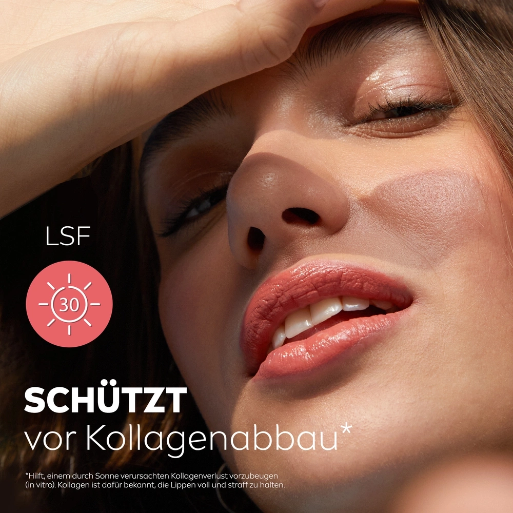 Nahaufnahme eines Gesichts mit LSF 30 und dem Text "Schützt vor Kollagenabbau".