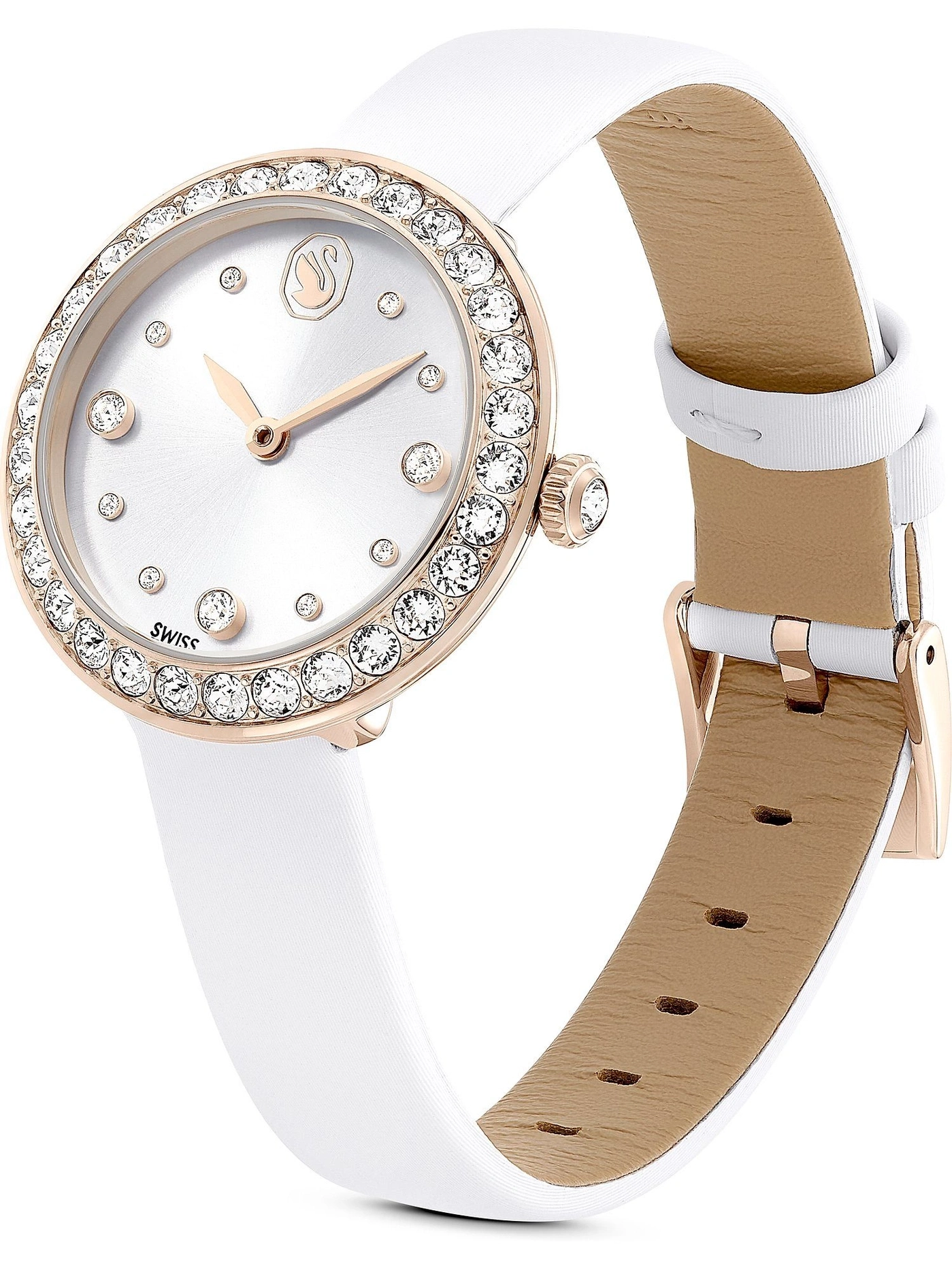 Ein weißes Armbanduhr mit roségoldfarbenem Gehäuse und Swarovski-Kristallen