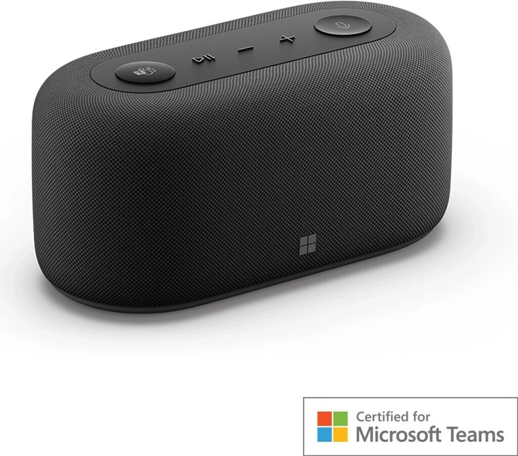 Schwarzer Microsoft Teams zertifizierter Lautsprecher mit Bedienelementen und Logo.