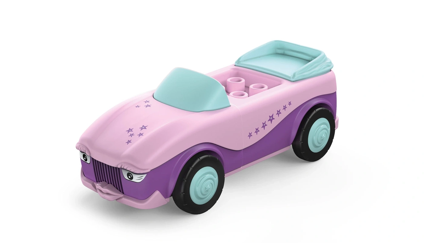 Ein pink-lila Spielzeugauto mit Sternen und Augen.