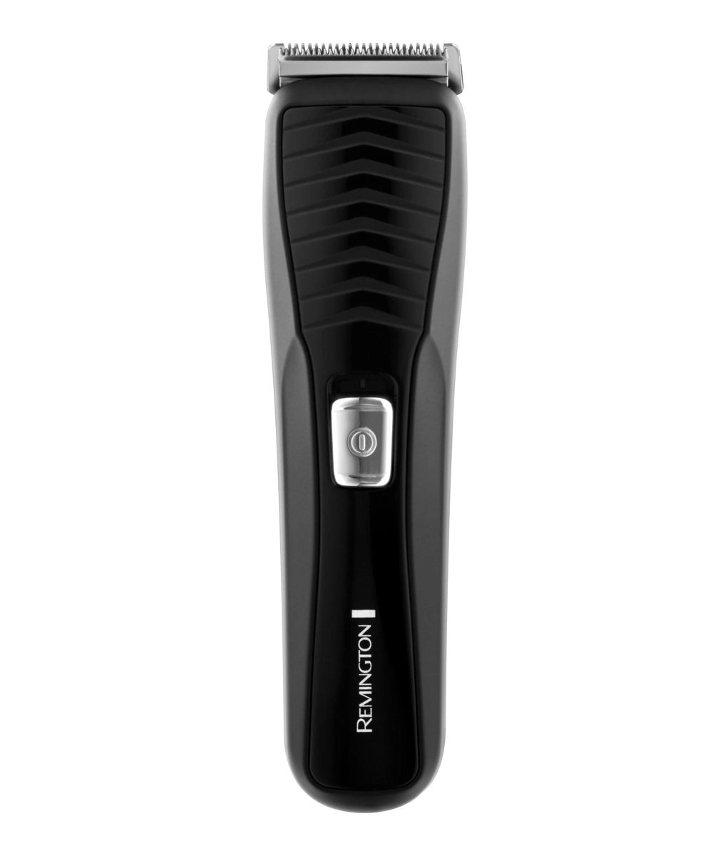 Ein schwarzer Remington Trimmer mit einem silbernen Schalter auf weißem Hintergrund.