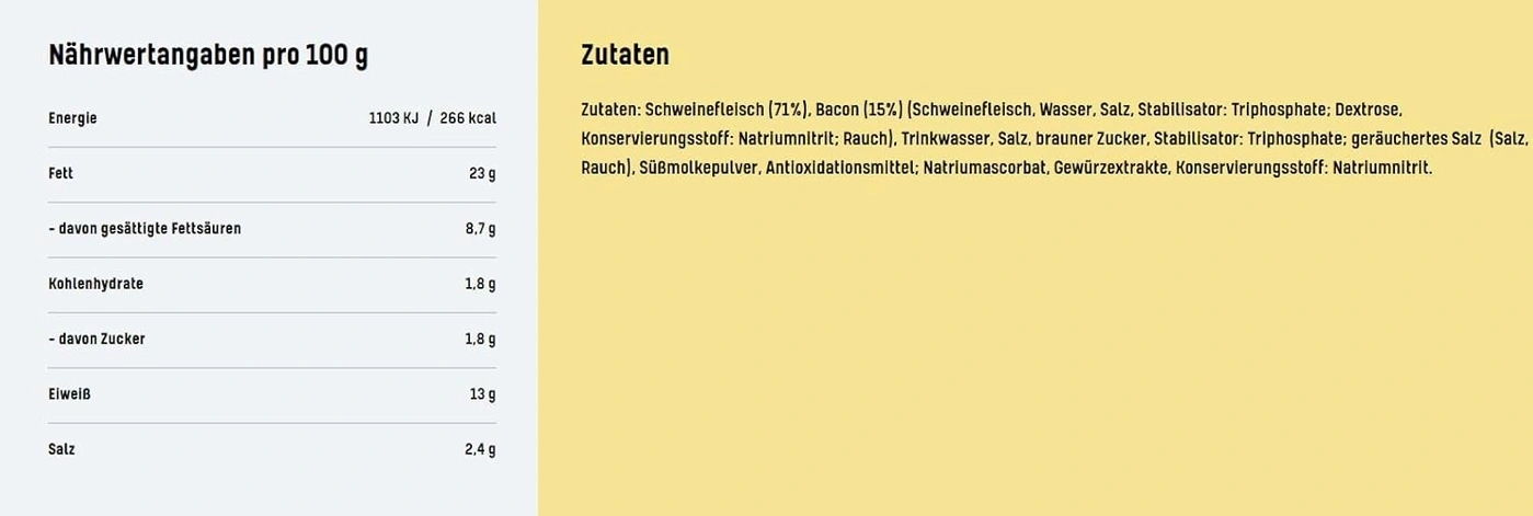 Nährwertangaben und Zutaten für ein Lebensmittelprodukt.
