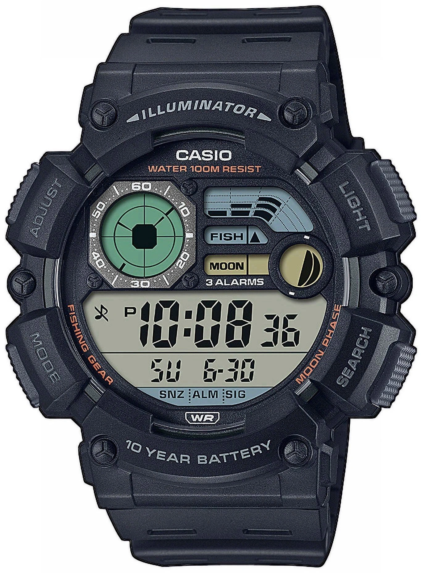Schwarze Casio Uhr mit digitalem Display und Angabe von Fischzeit, Mondphase und 10 Jahren Batterie.