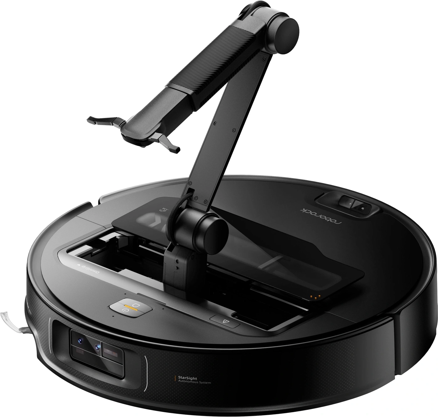 Ein schwarzer Saugroboter mit einem ausfahrbaren Roboterarm für die Bodenreinigung und Objekterkennung.