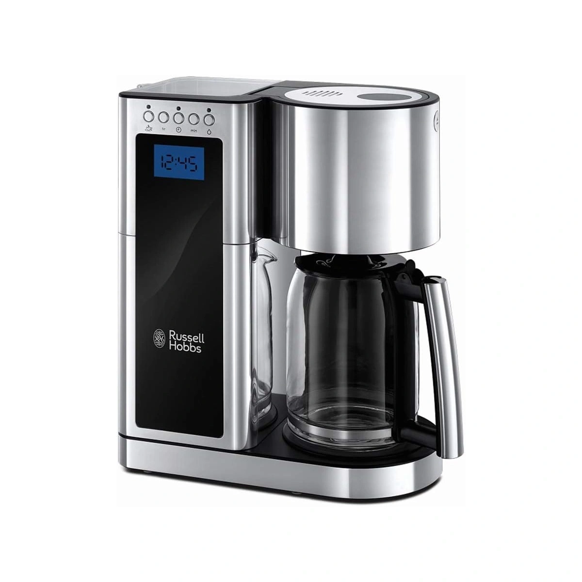 Eine Russell Hobbs Kaffeemaschine mit digitaler Uhrzeit Anzeige und Glaskaraffe.