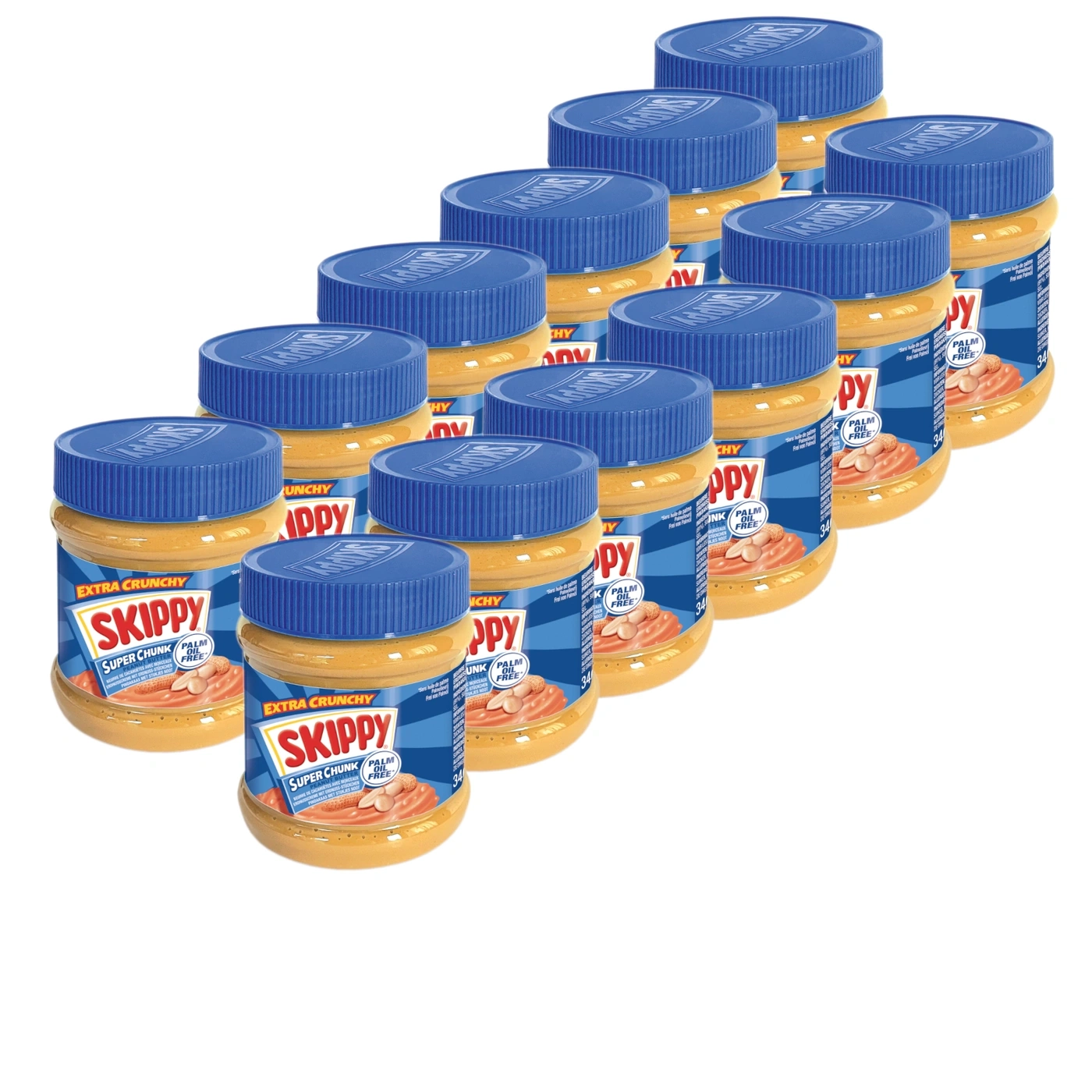 Viele Gläser Erdnussbutter, Skippy Super Chunk, extra knusprig, Palmölfrei, blaue Deckel