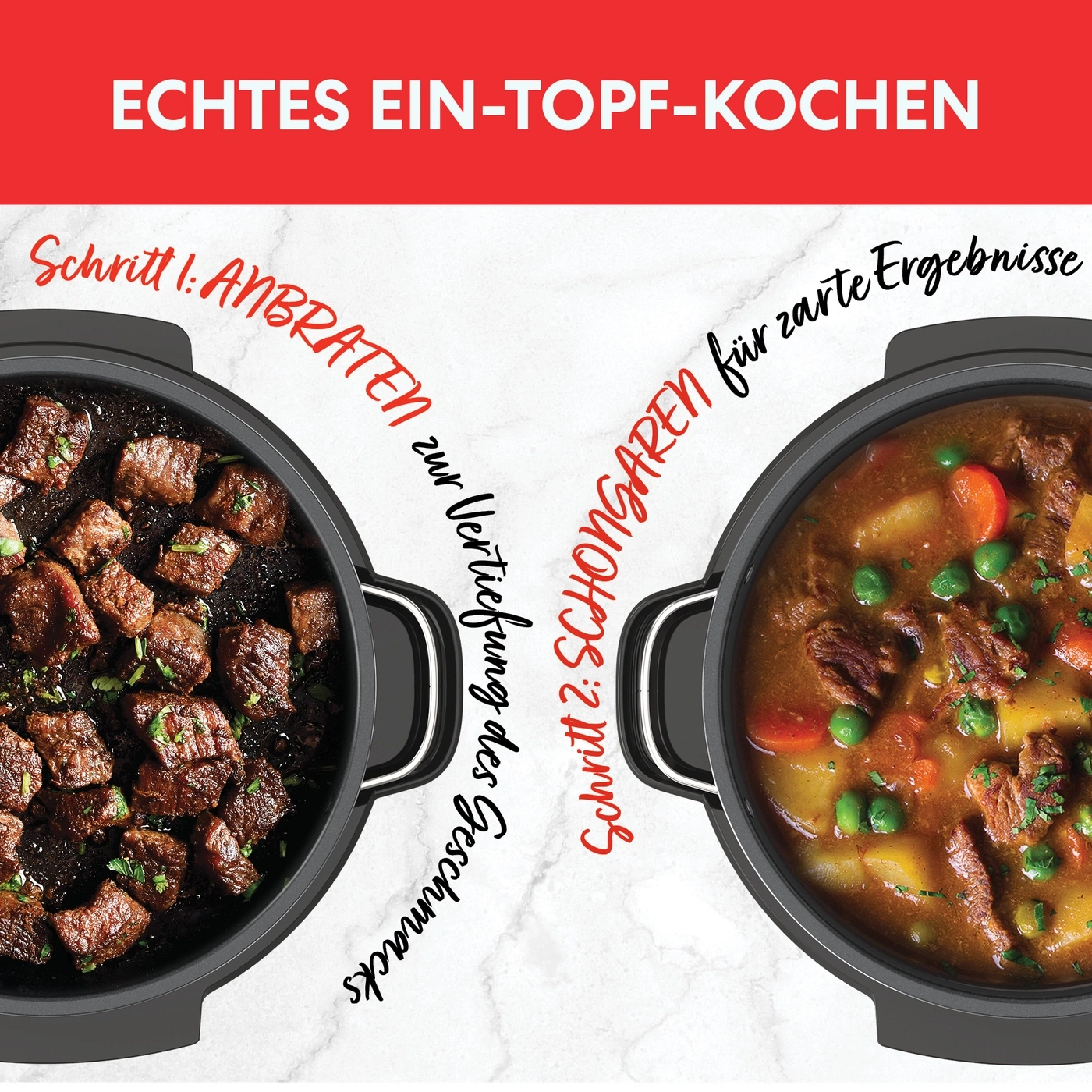 Zwei Kochschritte: Anbraten und Schongaren für ein Eintopfgericht.