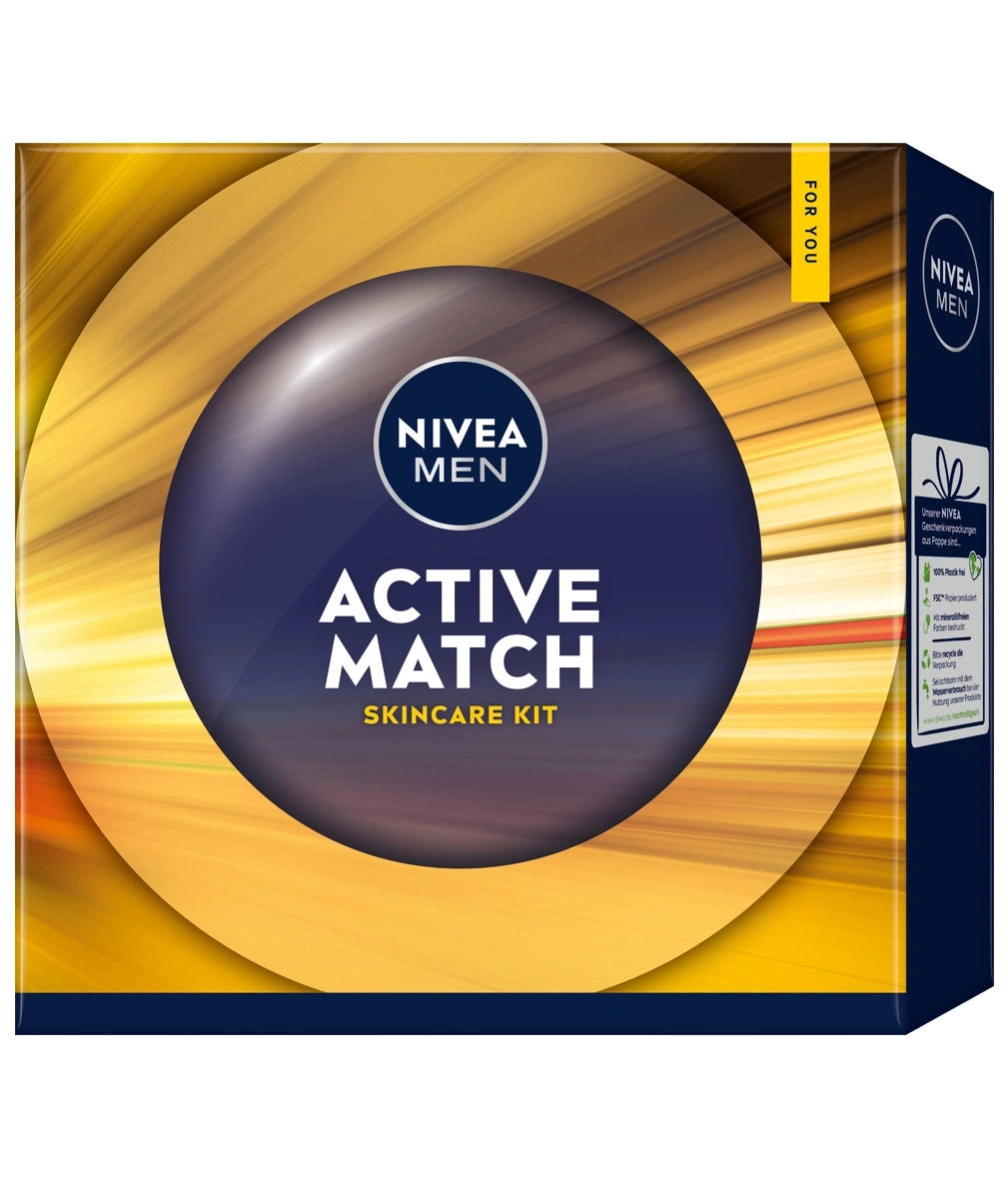 Nivea Men Active Match Skincare Kit Geschenkverpackung mit goldenem Kreisdesign.