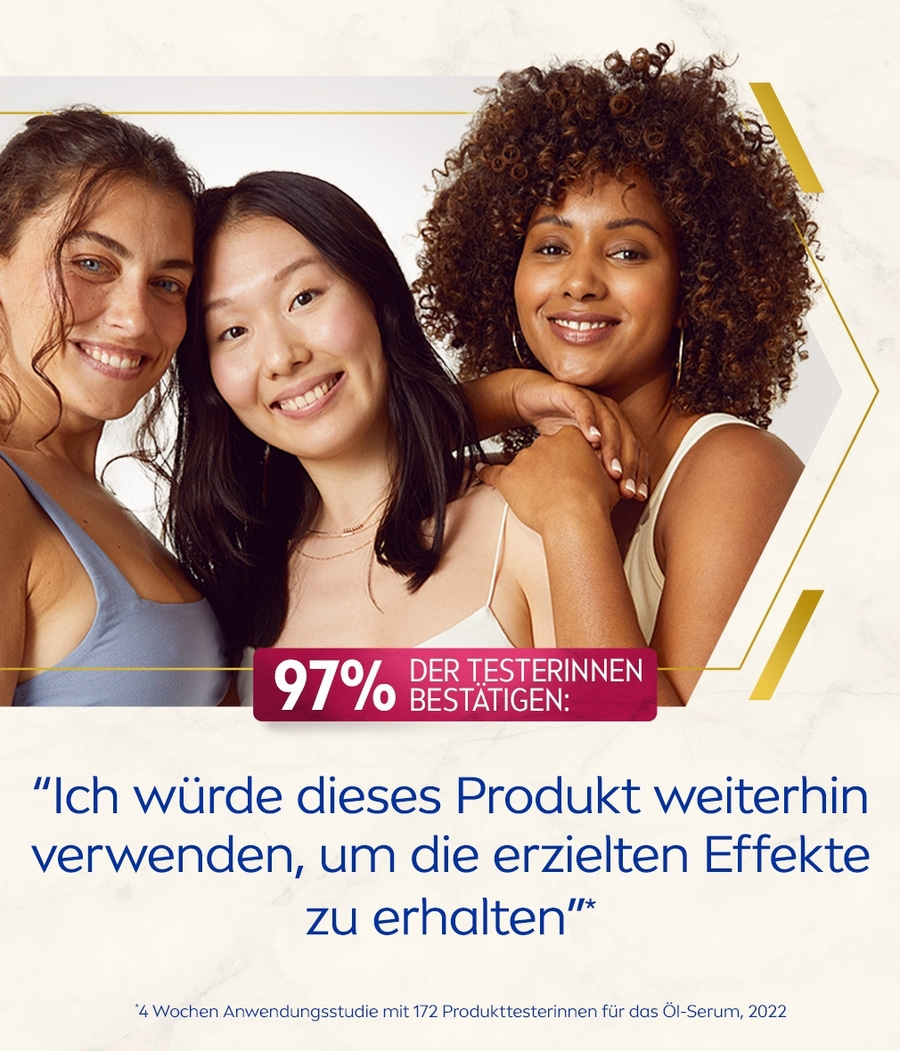 Drei lächelnde Frauen, 97% bestätigen, Produkt weiterhin verwenden, Öl-Serum.
