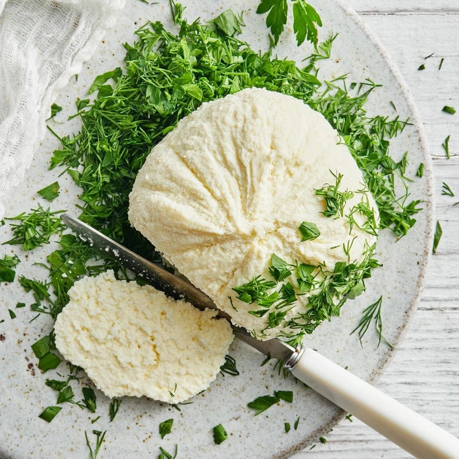 Käse mit Kräutern auf einem Teller, daneben ein Messer und ein Stück Käse