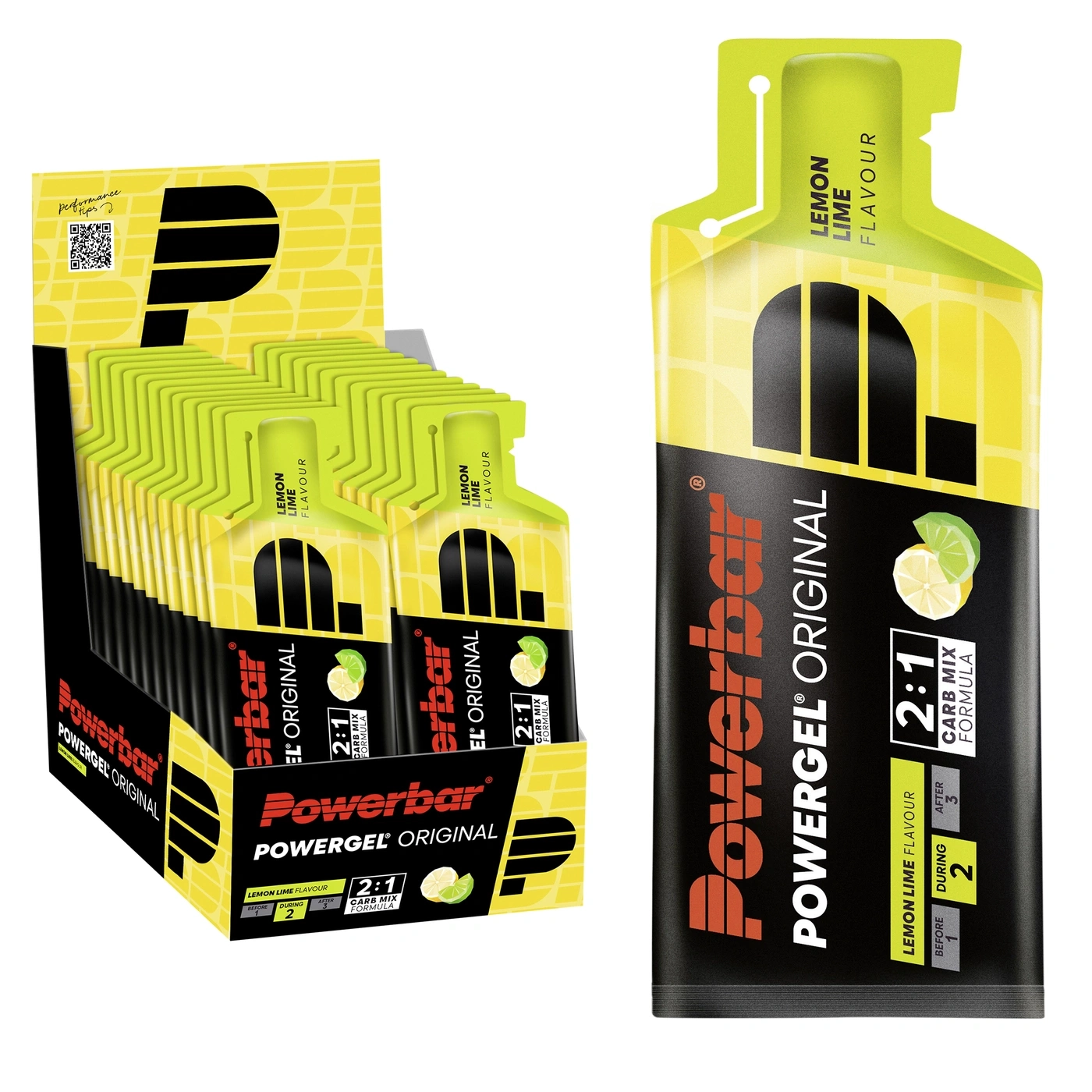 Packung mit Powerbar Energiegels in Zitronen-Limetten-Geschmack, auf der linken Seite ein Karton mit Gels, rechts ein einzelnes Gel