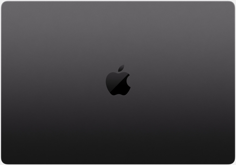 Dunkelgrauer Laptop mit Apple-Logo, minimalistisches Design, elegante Oberfläche, Technologie