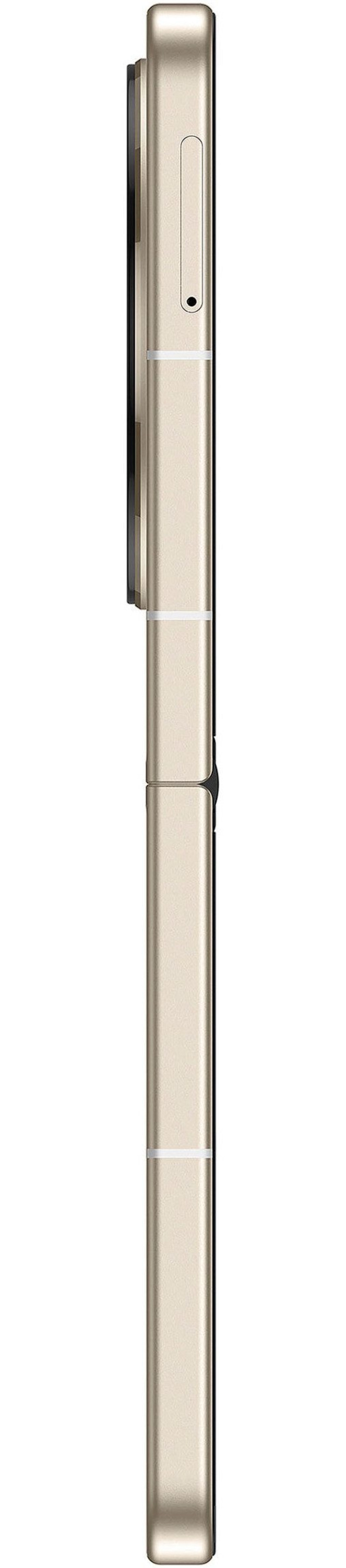 Goldenes Smartphone im Profil, mit Kamera und Knöpfen, elegantes Design.