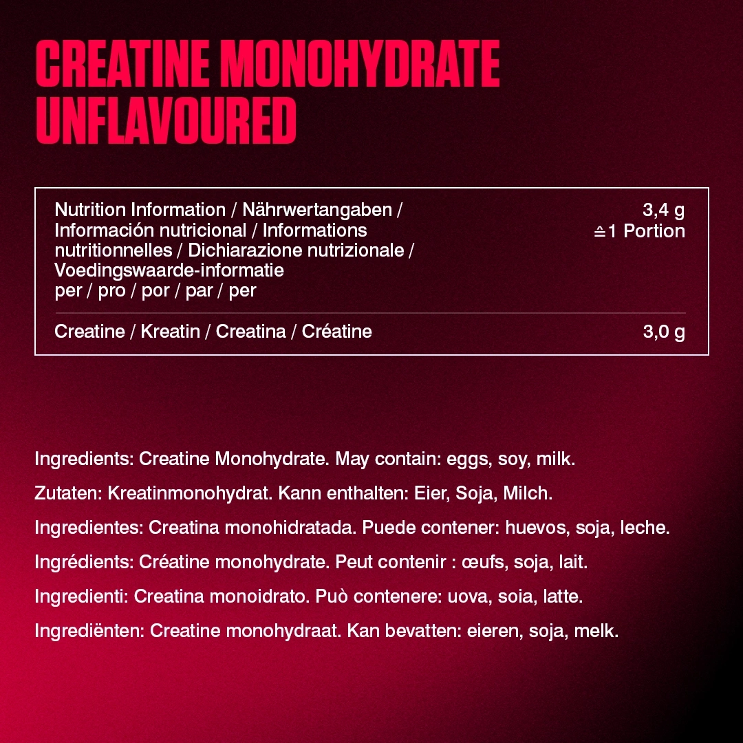Nährwertangaben und Zutaten für Creatin Monohydrat Unflavoured.