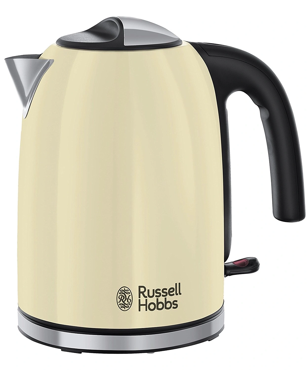 Beige Wasserkocher von Russell Hobbs, mit schwarzem Griff und silbernen Akzenten.