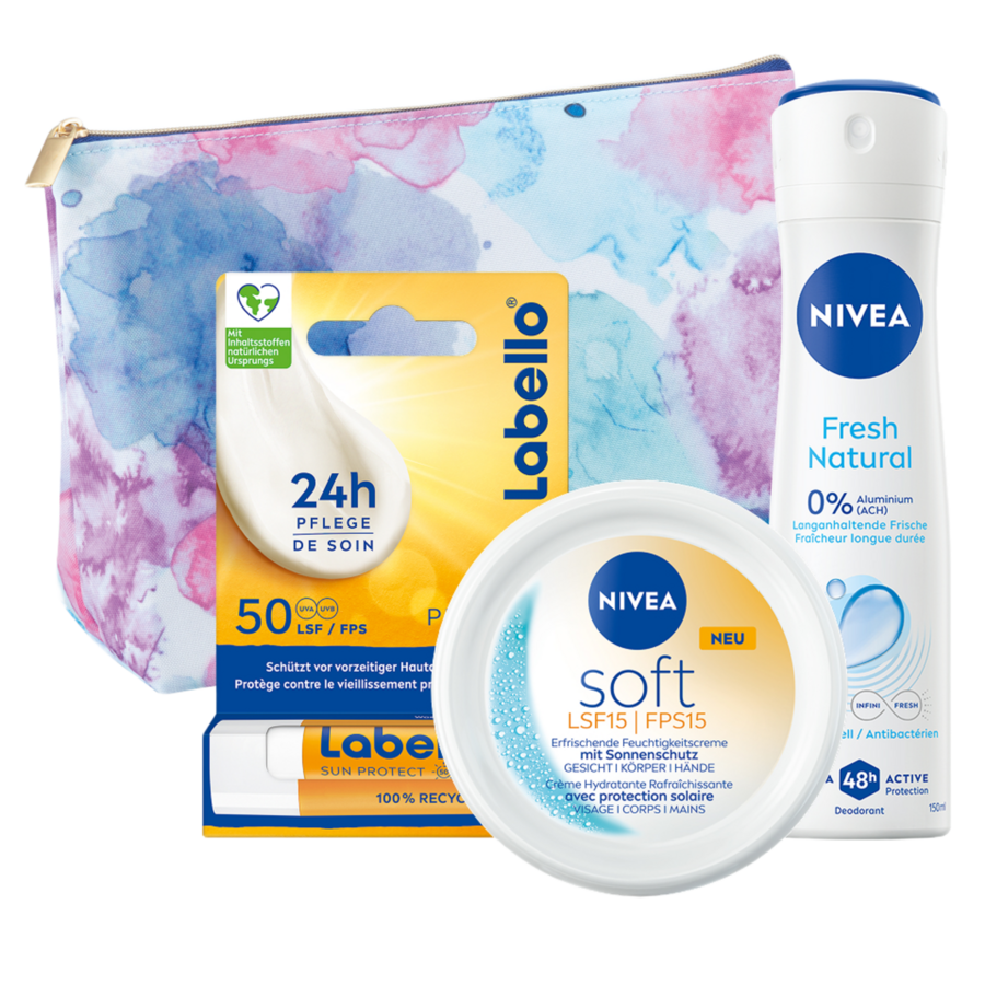 Ein Kosmetikset mit einer blauen und pinken Kosmetiktasche, Nivea Soft Creme und Nivea Fresh Natural Deo.