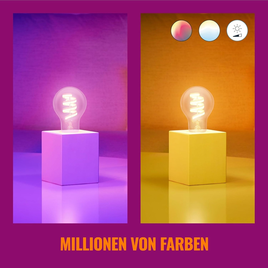 Zwei Glühbirnen mit verschiedenen Farben und Steuerungsmöglichkeiten. Millionen von Farben.