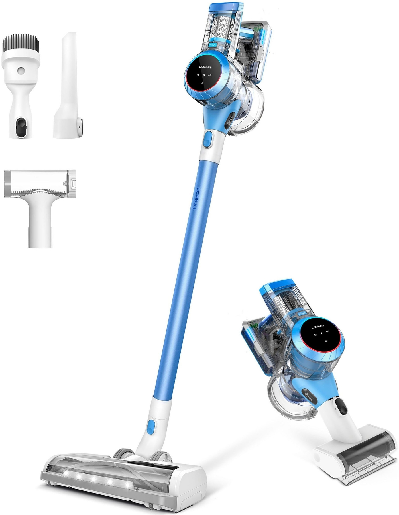 Blauer Staubsauger mit Zubehör, ideal für die Reinigung von Böden und Möbeln.