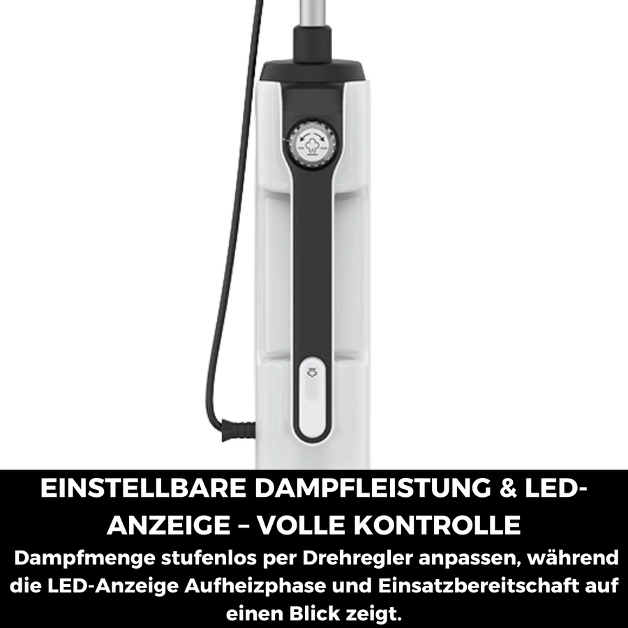 Dampfregler und LED-Anzeige für volle Kontrolle, zeigt Aufheizphase und Einsatzbereitschaft an.