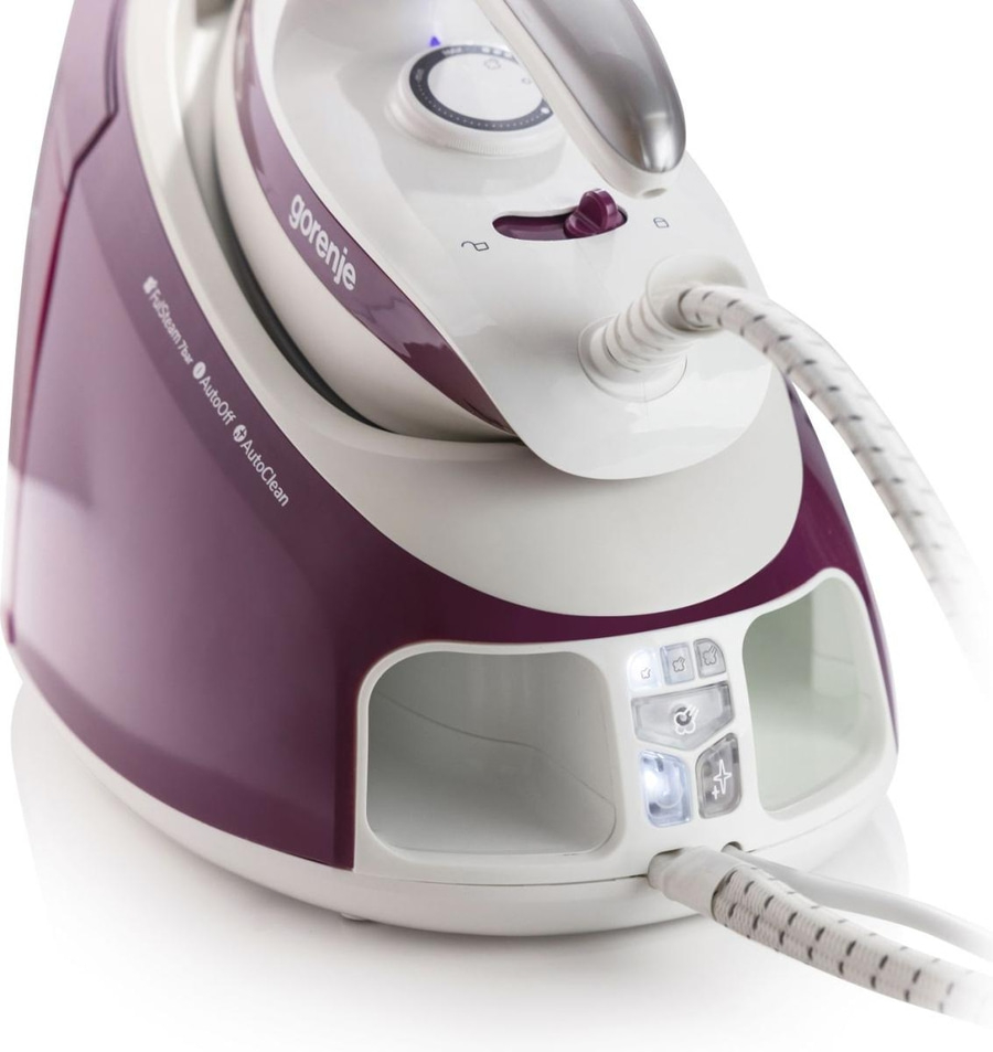 Dampfbügeleisen, lila und weiß, Marke Gorenje, Nahaufnahme, Detailaufnahme, Technik
