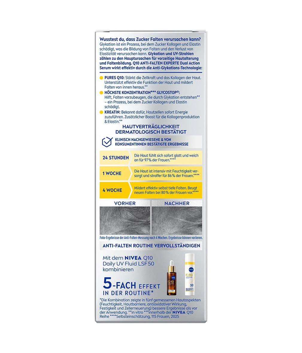 Anti-Falten Routine mit Q10 und Produktbildern.