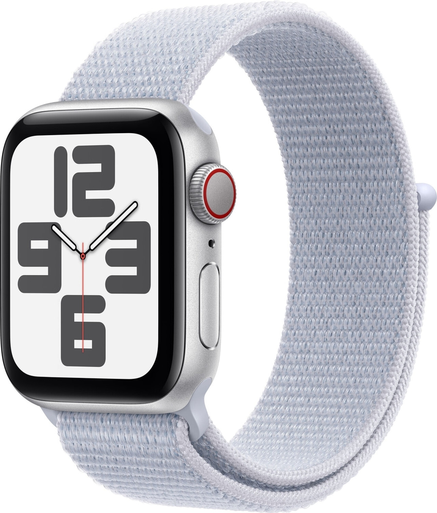 Apple Watch mit hellblauem Armband, Nahaufnahme, elegant und modern