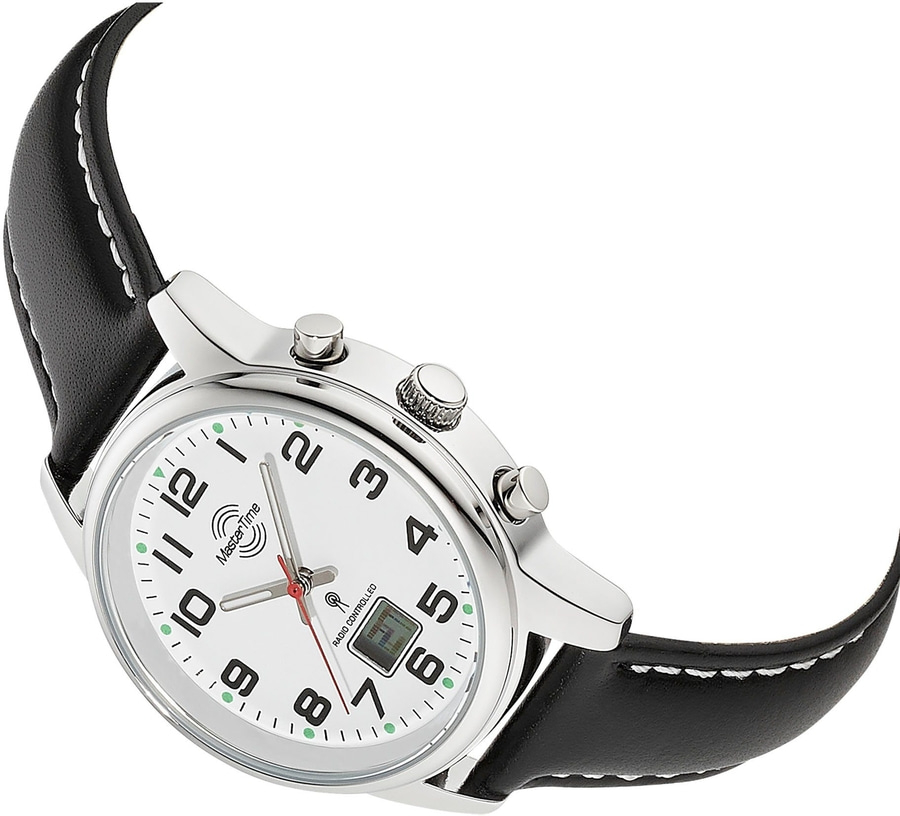 Uhr mit schwarzem Lederarmband und weißem Zifferblatt, Mastertime.