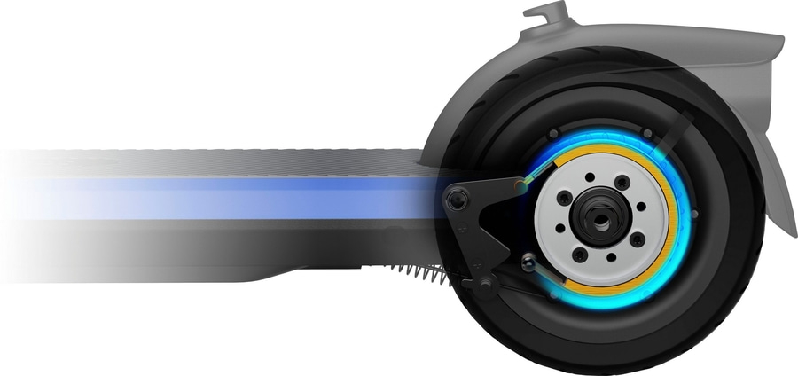 Detailansicht eines Elektrorollers mit Bremssystem und Rad, blau und gelb hervorgehoben