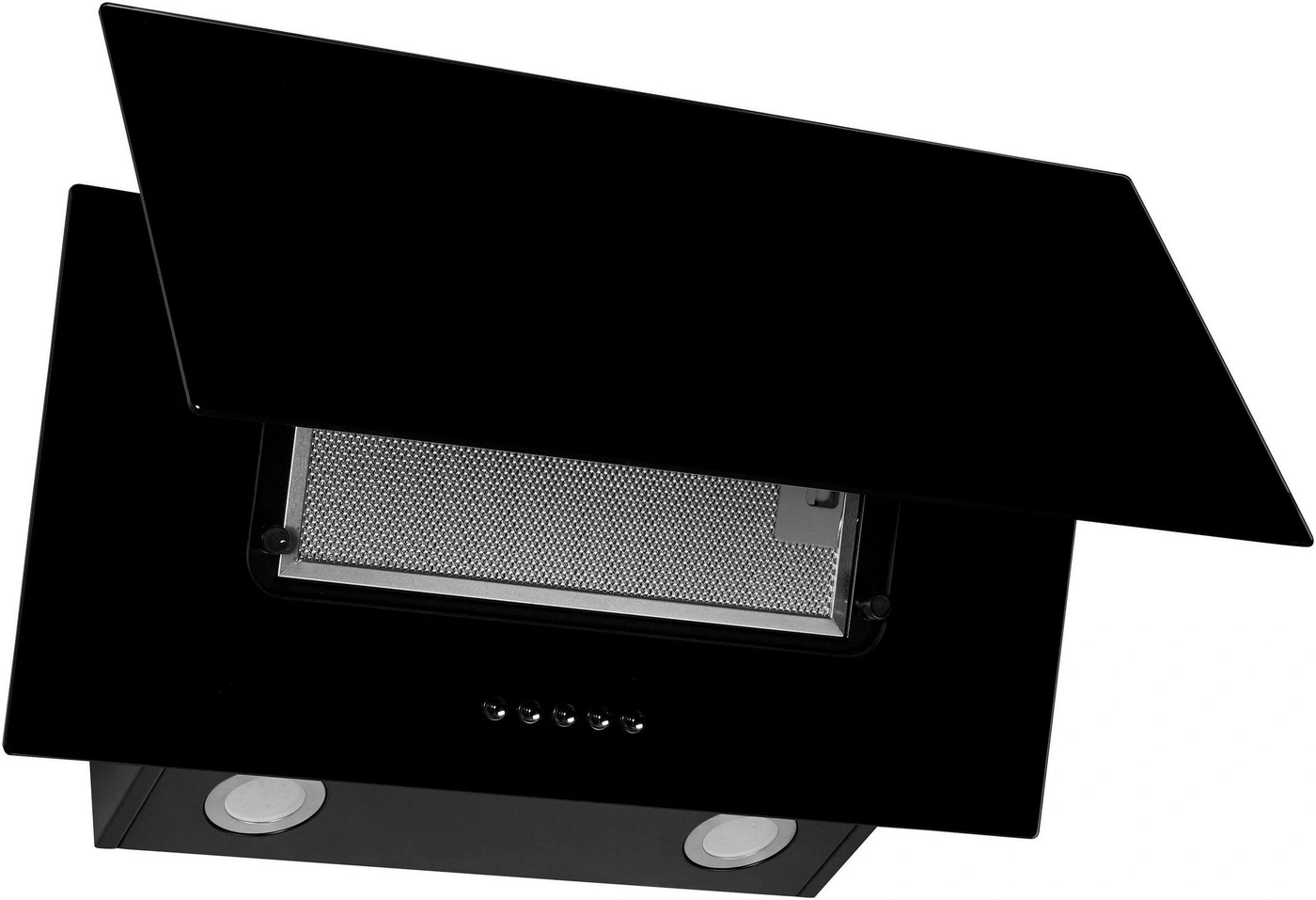 Schwarze Dunstabzugshaube mit Glasfront und Metallfilter