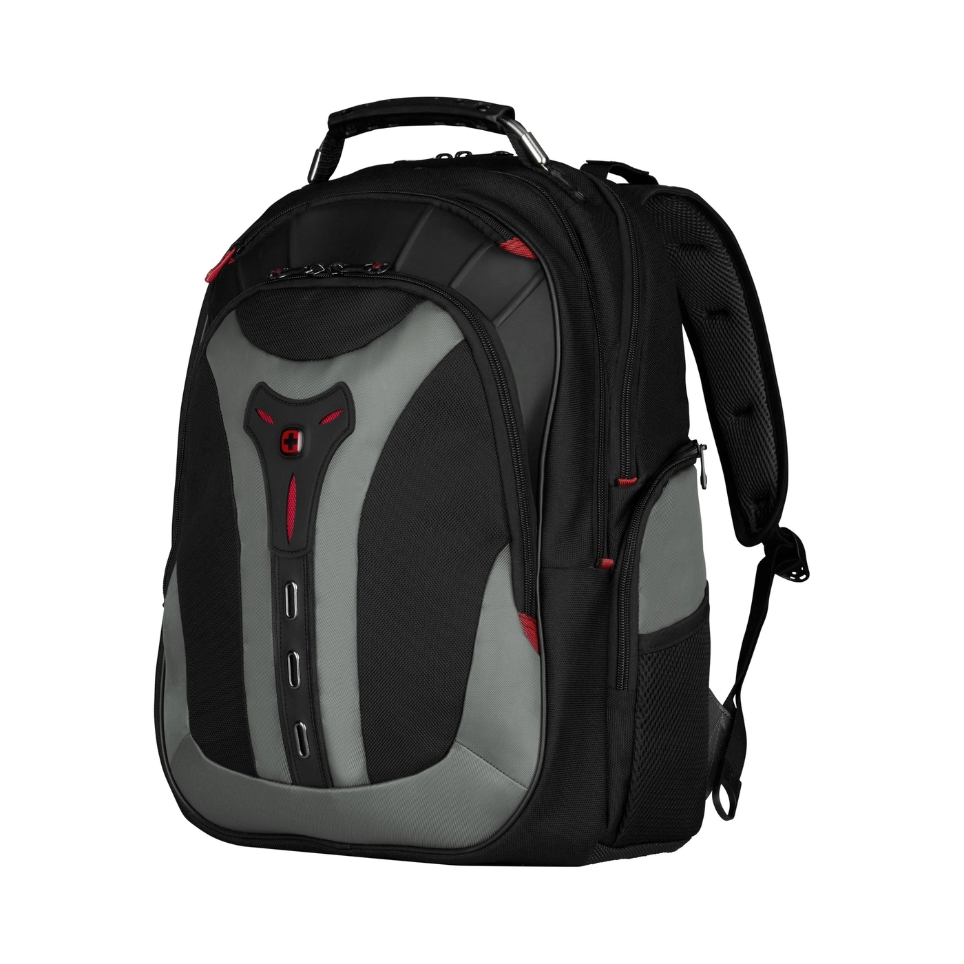 Schwarzer Rucksack mit grauen Akzenten und roten Details, isoliert