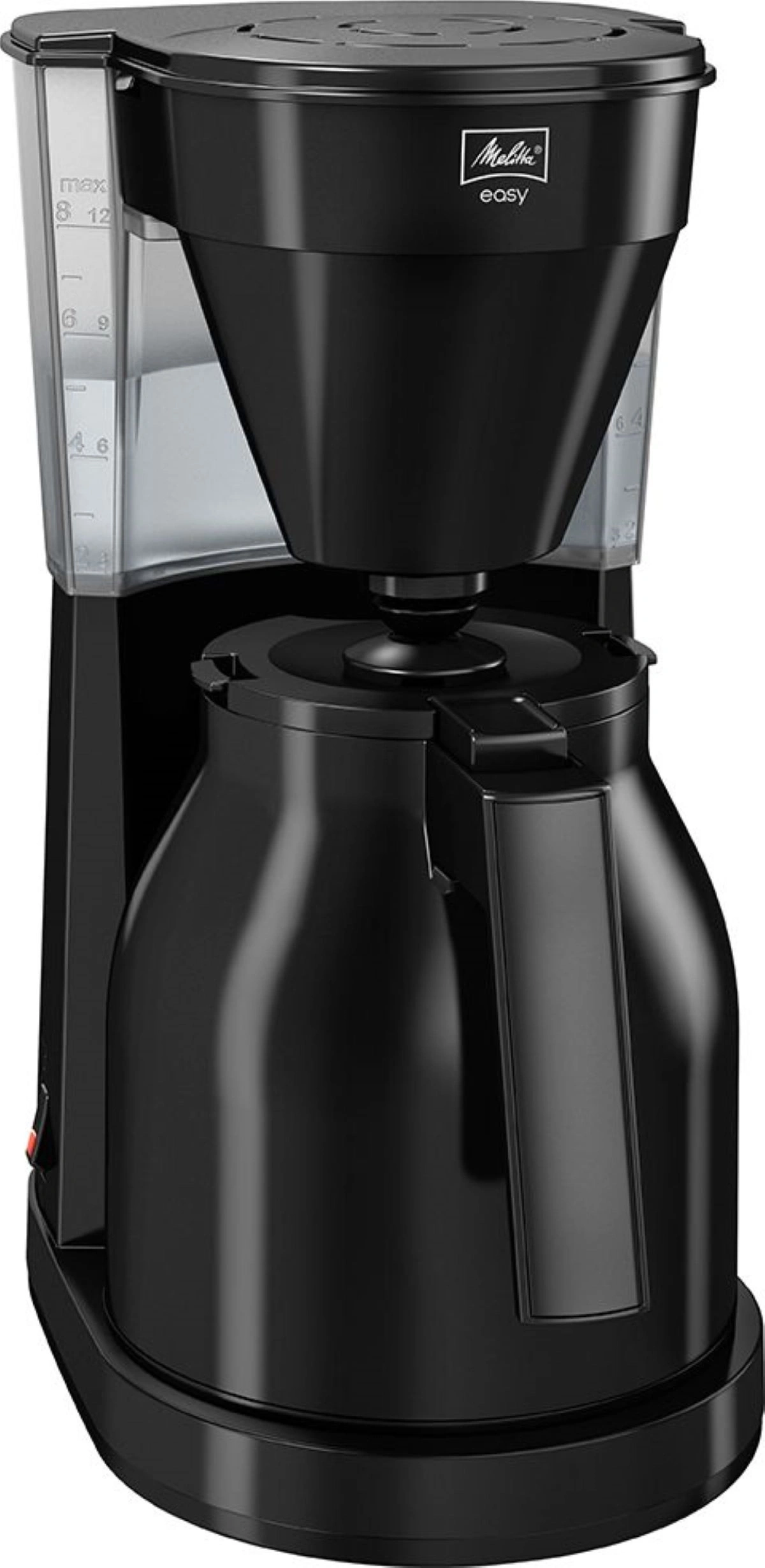 Schwarze Kaffeemaschine mit Thermoskanne und Melitta-Logo, einfach zu bedienen.